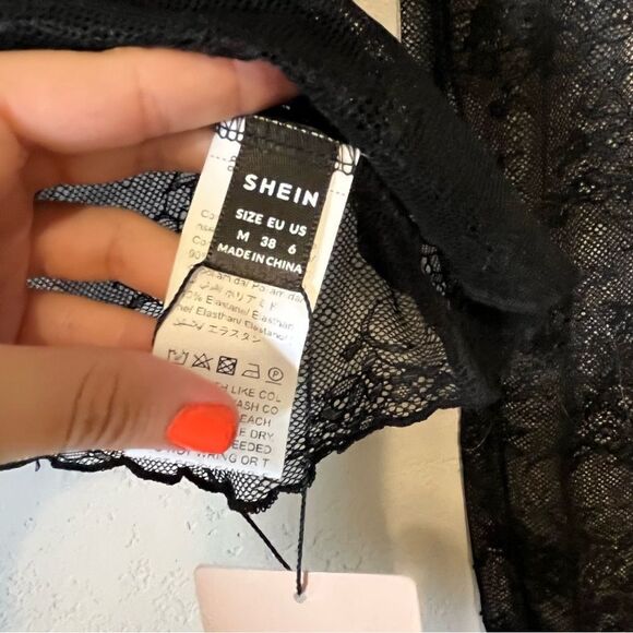 Women's NWT Black Lace Semi Sheer Long Sleeve Top - Picture 7 of 8